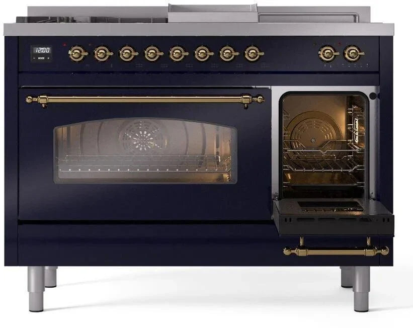 ILVE Nostalgie II 48"  Dual Fuel Natural Gas Range Blue Brass Trim UP48FSNMPMBG