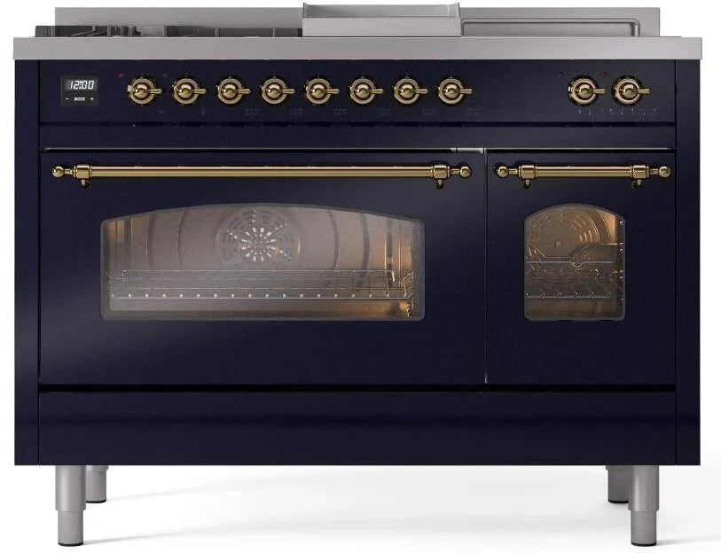 ILVE Nostalgie II 48"  Dual Fuel Natural Gas Range Blue Brass Trim UP48FSNMPMBG