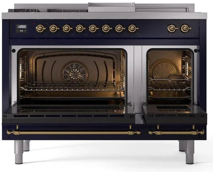 ILVE Nostalgie II 48"  Dual Fuel Natural Gas Range Blue Brass Trim UP48FSNMPMBG
