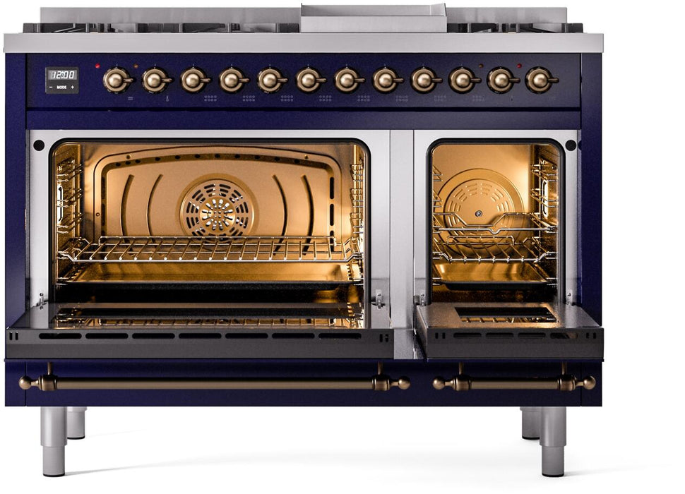 ILVE Nostalgie II 48" Dual Fuel Natural Gas Range, Blue, Bronze Trim UP48FNMPMBB