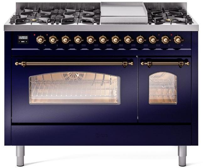 ILVE Nostalgie II 48" Dual Fuel Natural Gas Range, Blue, Bronze Trim UP48FNMPMBB