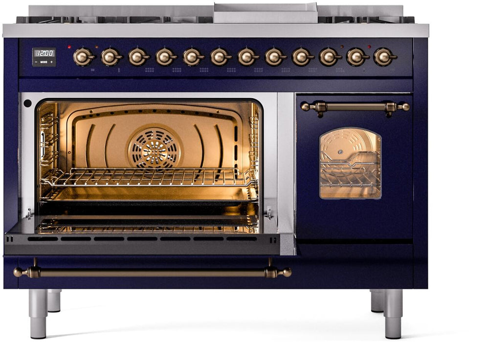ILVE Nostalgie II 48" Dual Fuel Natural Gas Range, Blue, Bronze Trim UP48FNMPMBB