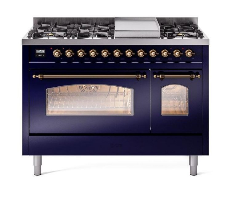 ILVE Nostalgie II 48" Dual Fuel Natural Gas Range, Blue, Bronze Trim UP48FNMPMBB