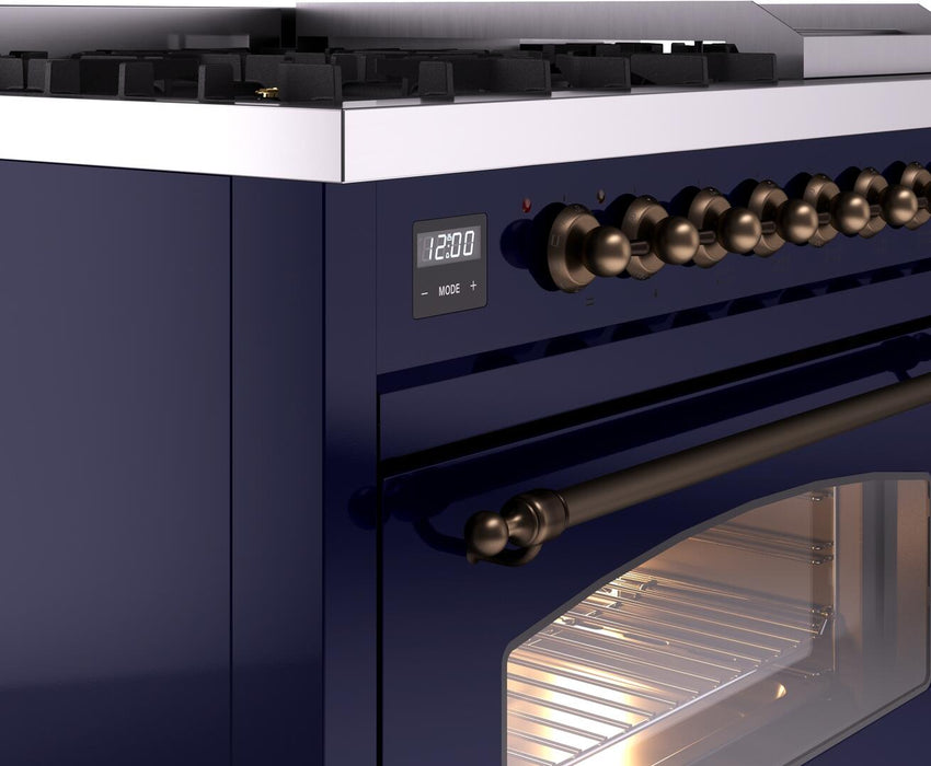 ILVE Nostalgie II 48" Dual Fuel Natural Gas Range, Blue, Bronze Trim UP48FNMPMBB