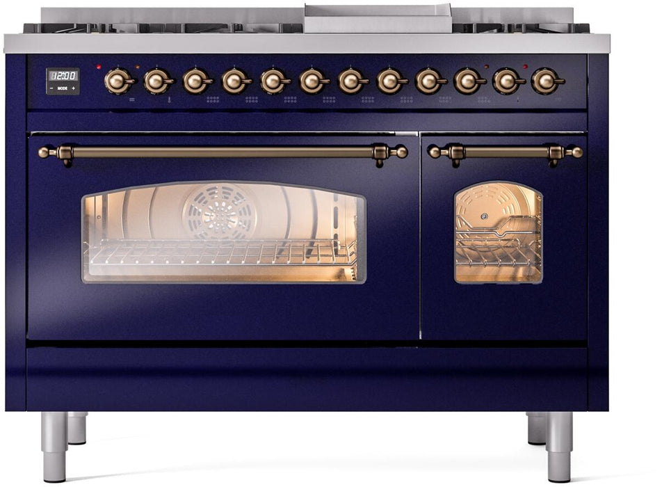 ILVE Nostalgie II 48" Dual Fuel Natural Gas Range, Blue, Bronze Trim UP48FNMPMBB