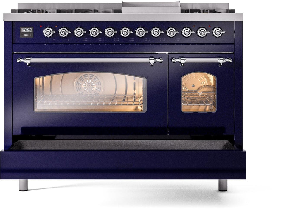 ILVE Nostalgie II 48" Dual Fuel Natural Gas Range, Blue, Chrome Trim UP48FNMPMBC