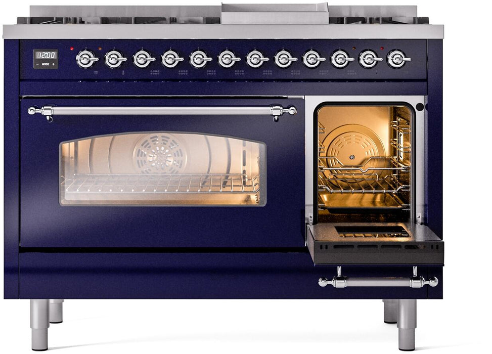 ILVE Nostalgie II 48" Dual Fuel Natural Gas Range, Blue, Chrome Trim UP48FNMPMBC