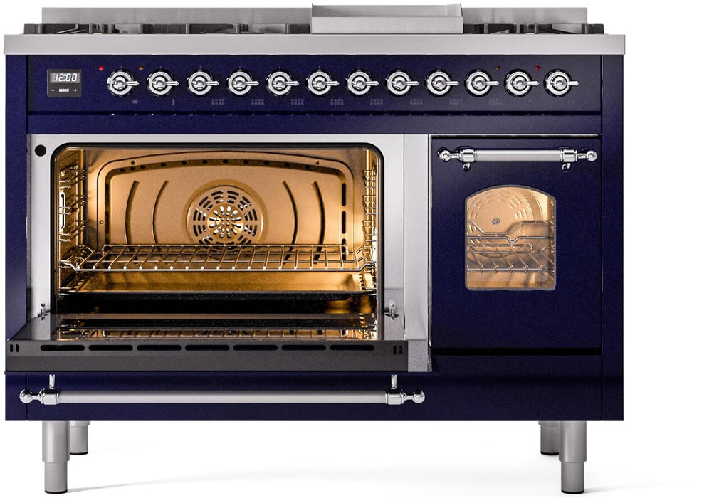 ILVE Nostalgie II 48" Dual Fuel Natural Gas Range, Blue, Chrome Trim UP48FNMPMBC