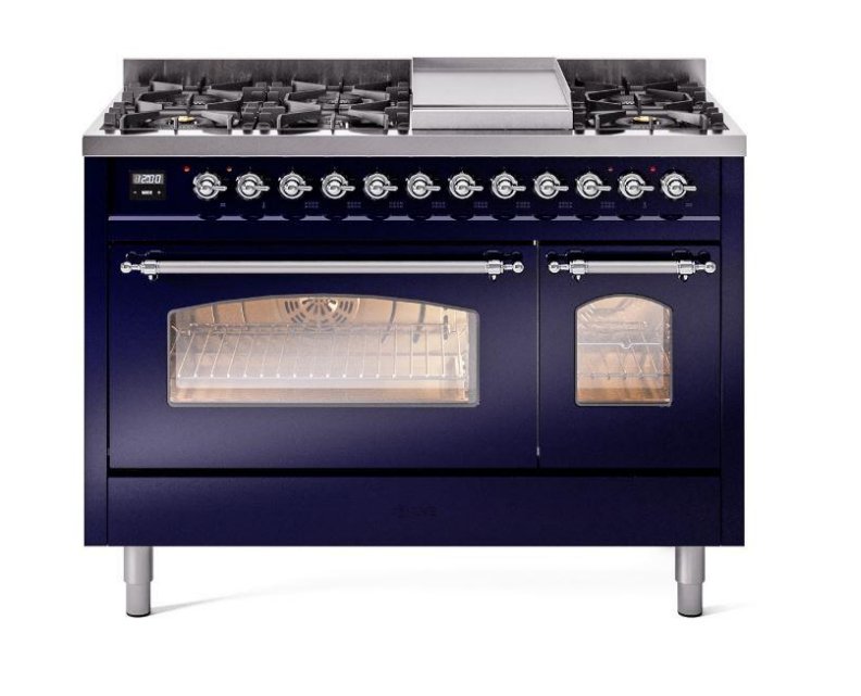 ILVE Nostalgie II 48" Dual Fuel Natural Gas Range, Blue, Chrome Trim UP48FNMPMBC