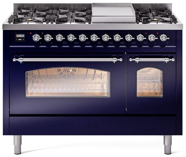 ILVE Nostalgie II 48" Dual Fuel Natural Gas Range, Blue, Chrome Trim UP48FNMPMBC