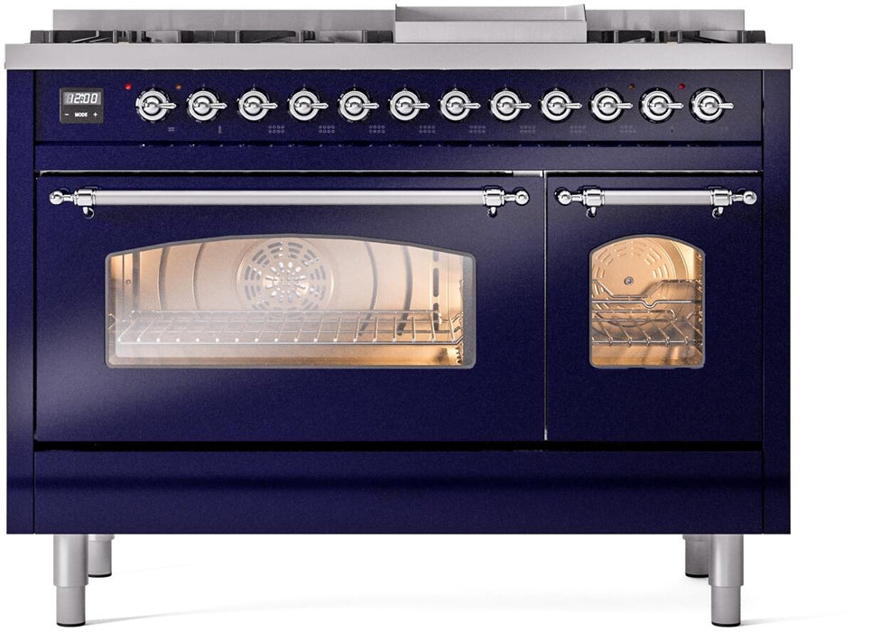 ILVE Nostalgie II 48" Dual Fuel Natural Gas Range, Blue, Chrome Trim UP48FNMPMBC
