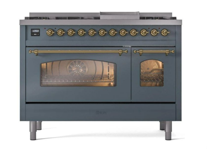 ILVE Nostalgie II 48" Dual Fuel Natural Gas Range, Blue Grey, Brass Trim UP48FNMPBGG