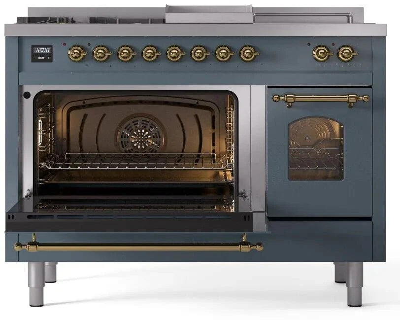 ILVE Nostalgie II 48"  Dual Fuel Natural Gas Range Blue Grey Brass Trim UP48FSNMPBGG