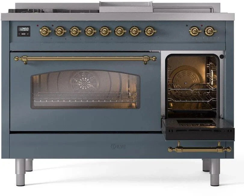ILVE Nostalgie II 48"  Dual Fuel Natural Gas Range Blue Grey Brass Trim UP48FSNMPBGG