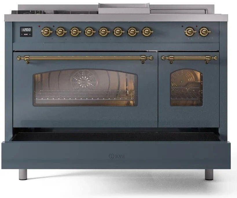 ILVE Nostalgie II 48"  Dual Fuel Natural Gas Range Blue Grey Brass Trim UP48FSNMPBGG
