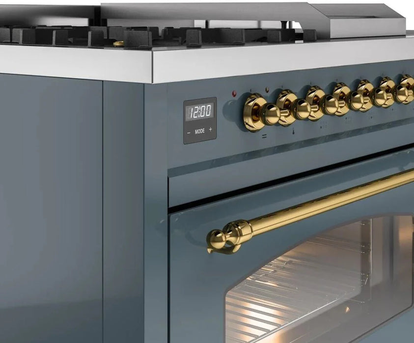 ILVE Nostalgie II 48"  Dual Fuel Natural Gas Range Blue Grey Brass Trim UP48FSNMPBGG