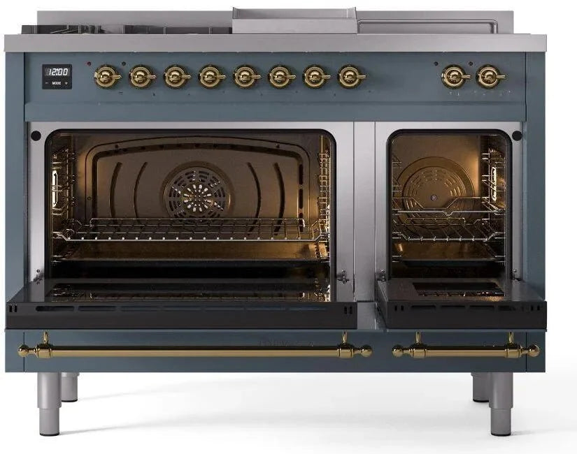 ILVE Nostalgie II 48"  Dual Fuel Natural Gas Range Blue Grey Brass Trim UP48FSNMPBGG