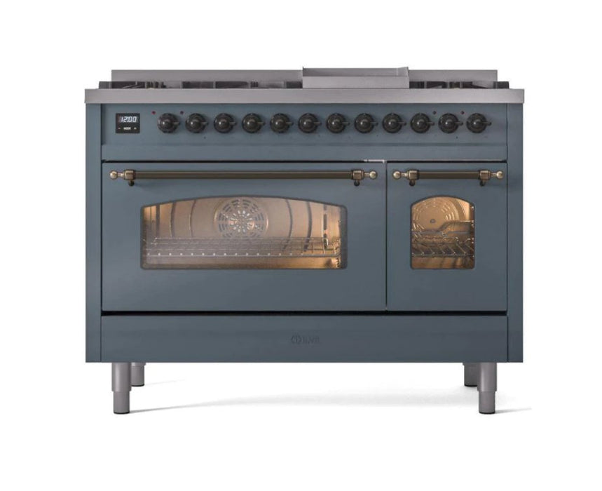 ILVE Nostalgie II 48" Dual Fuel Natural Gas Range, Blue Grey, Bronze Trim UP48FNMPBGB