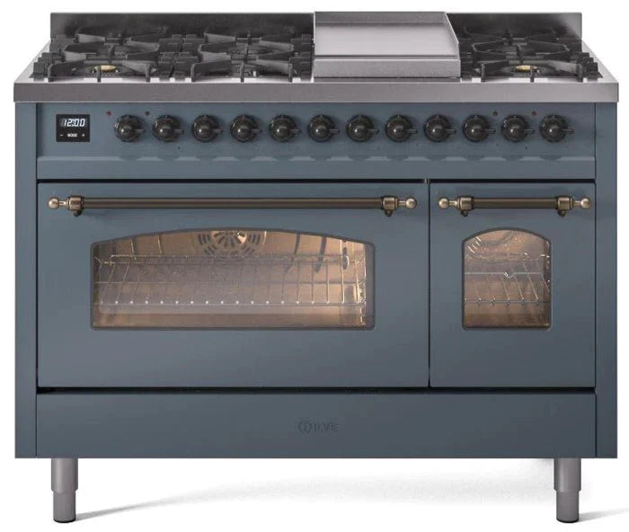 ILVE Nostalgie II 48" Dual Fuel Liquid Propane Range, Blue Grey, Bronze Trim UP48FNMPBGBLP