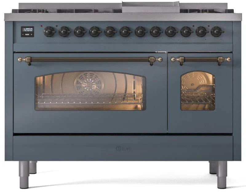 ILVE Nostalgie II 48" Dual Fuel Liquid Propane Range, Blue Grey, Bronze Trim UP48FNMPBGBLP