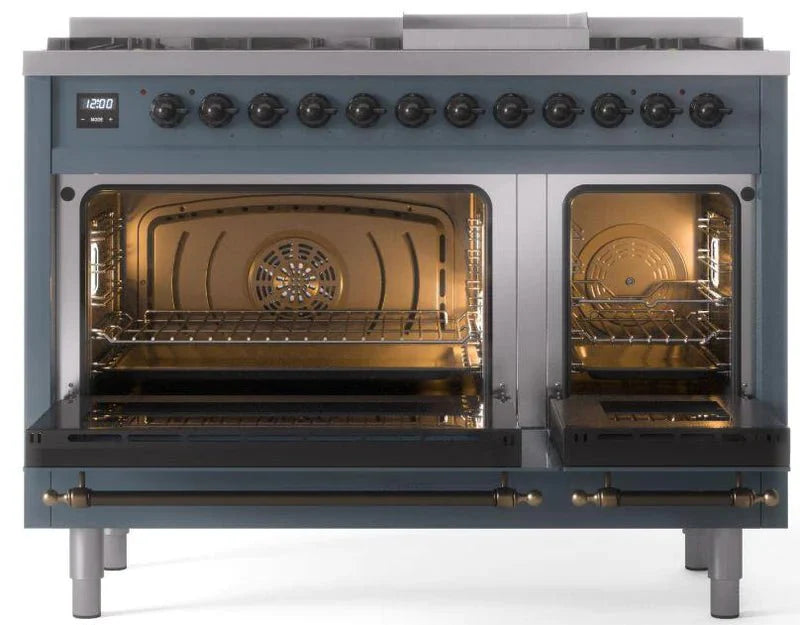 ILVE Nostalgie II 48" Dual Fuel Natural Gas Range, Blue Grey, Bronze Trim UP48FNMPBGB