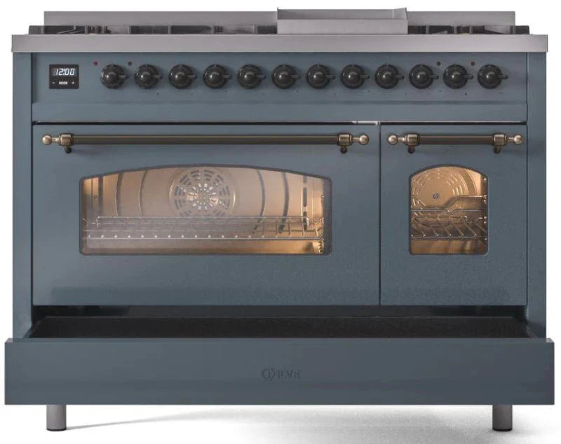 ILVE Nostalgie II 48" Dual Fuel Liquid Propane Range, Blue Grey, Bronze Trim UP48FNMPBGBLP