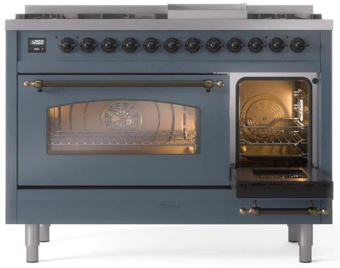 ILVE Nostalgie II 48" Dual Fuel Liquid Propane Range, Blue Grey, Bronze Trim UP48FNMPBGBLP