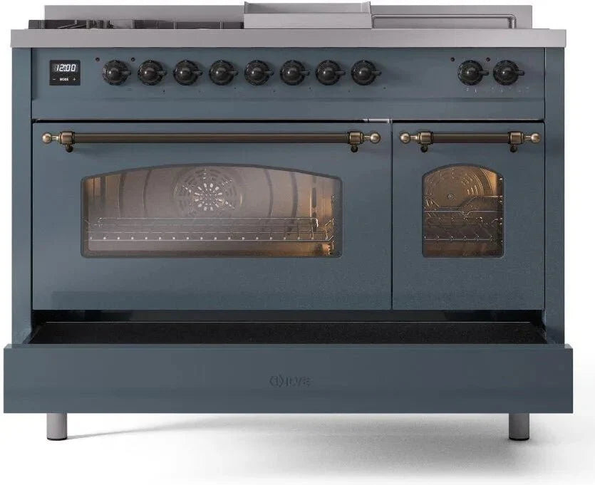 ILVE Nostalgie II 48"  Dual Fuel Natural Gas Range Blue Grey Bronze Trim UP48FSNMPBGB