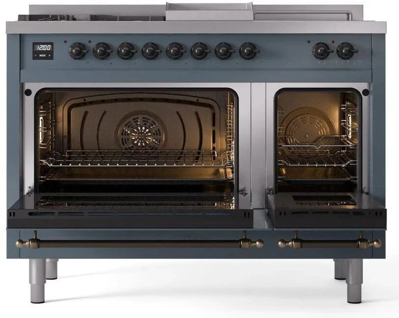ILVE Nostalgie II 48"  Dual Fuel Natural Gas Range Blue Grey Bronze Trim UP48FSNMPBGB