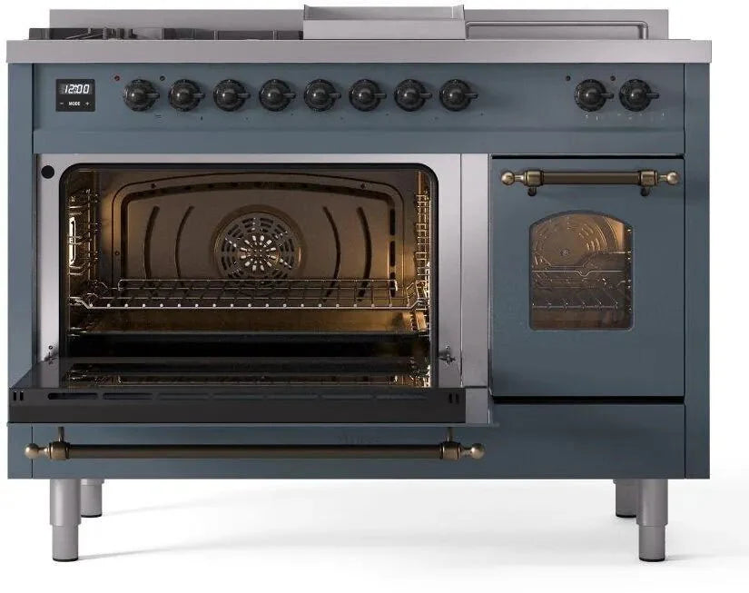 ILVE Nostalgie II 48"  Dual Fuel Natural Gas Range Blue Grey Bronze Trim UP48FSNMPBGB