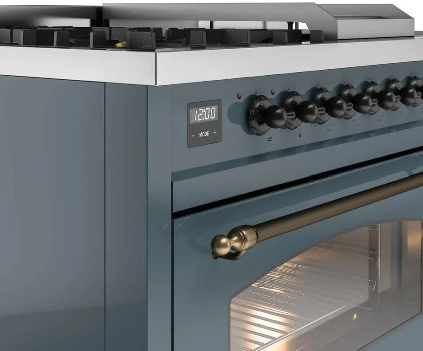 ILVE Nostalgie II 48"  Dual Fuel Natural Gas Range Blue Grey Bronze Trim UP48FSNMPBGB