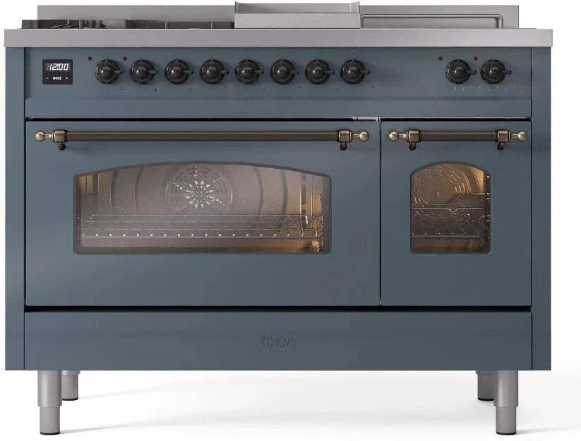 ILVE Nostalgie II 48"  Dual Fuel Natural Gas Range Blue Grey Bronze Trim UP48FSNMPBGB