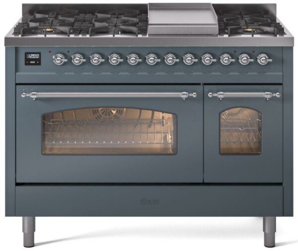 ILVE Nostalgie II 48" Dual Fuel Natural Gas Range, Blue Grey, Chrome Trim UP48FNMPBGC