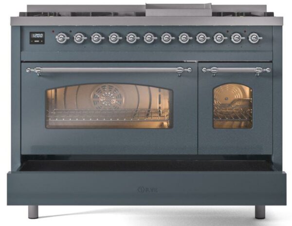 ILVE Nostalgie II 48" Dual Fuel Natural Gas Range, Blue Grey, Chrome Trim UP48FNMPBGC