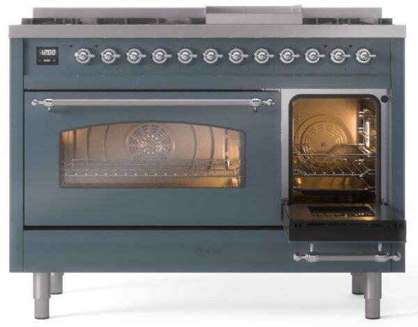 ILVE Nostalgie II 48" Dual Fuel Natural Gas Range, Blue Grey, Chrome Trim UP48FNMPBGC