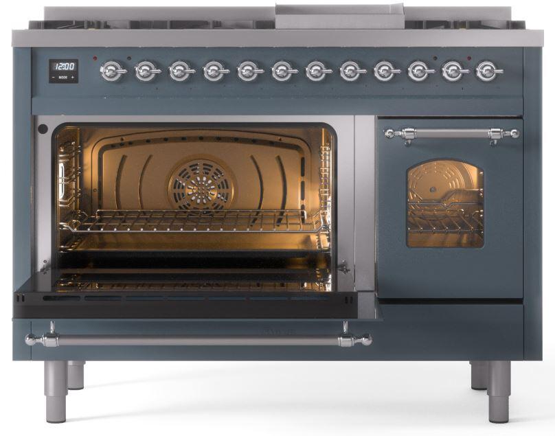 ILVE Nostalgie II 48" Dual Fuel Natural Gas Range, Blue Grey, Chrome Trim UP48FNMPBGC