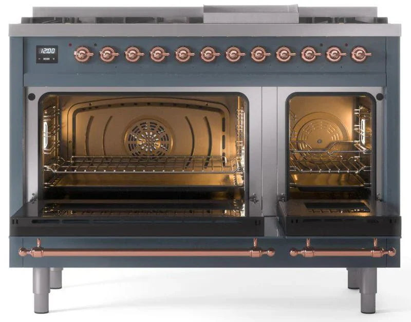 ILVE Nostalgie II 48" Dual Fuel Natural Gas Range, Blue Grey, Copper Trim UP48FNMPBGP