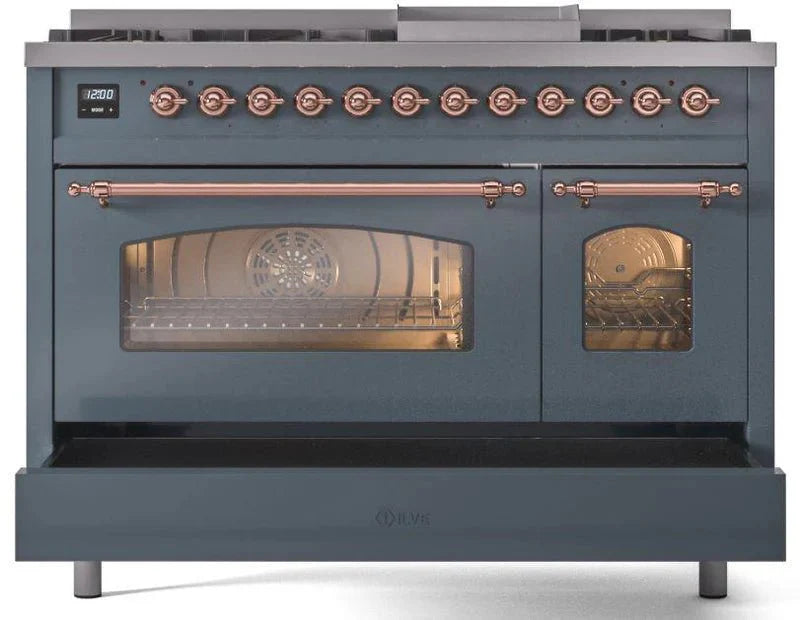 ILVE Nostalgie II 48" Dual Fuel Natural Gas Range, Blue Grey, Copper Trim UP48FNMPBGP