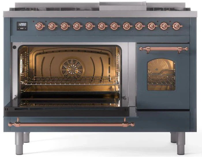 ILVE Nostalgie II 48" Dual Fuel Natural Gas Range, Blue Grey, Copper Trim UP48FNMPBGP