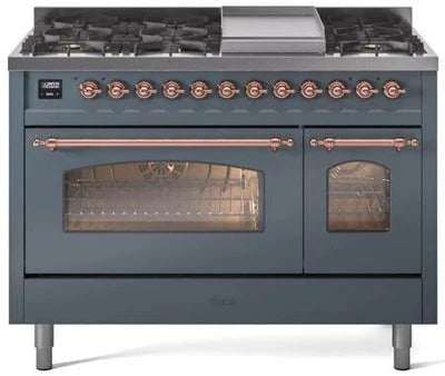 ILVE Nostalgie II 48" Dual Fuel Natural Gas Range, Blue Grey, Copper Trim UP48FNMPBGP
