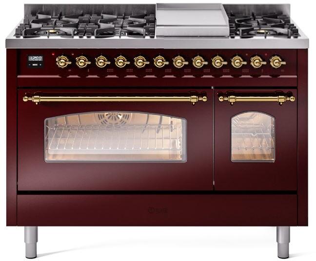 ILVE Nostalgie II 48" Dual Fuel Natural Gas Range, Burgundy, Brass Trim ILVE UP48FNMPBUG