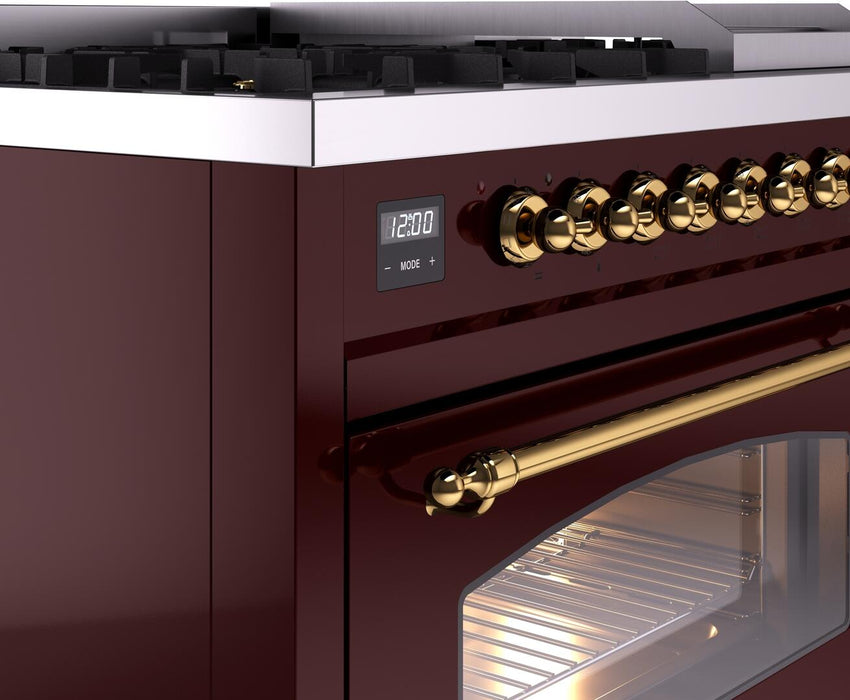 ILVE Nostalgie II 48" Dual Fuel Natural Gas Range, Burgundy, Brass Trim ILVE UP48FNMPBUG