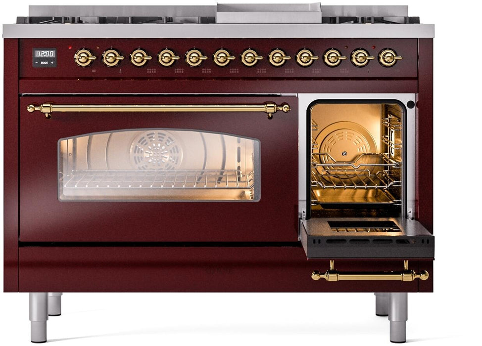 ILVE Nostalgie II 48" Dual Fuel Natural Gas Range, Burgundy, Brass Trim ILVE UP48FNMPBUG