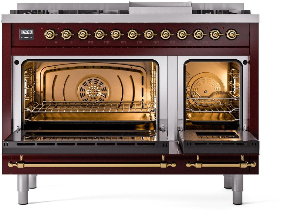 ILVE Nostalgie II 48" Dual Fuel Natural Gas Range, Burgundy, Brass Trim ILVE UP48FNMPBUG