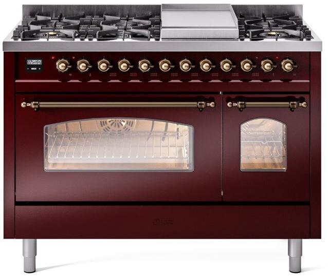 ILVE Nostalgie II 48" Dual Fuel Natural Gas Range, Burgundy, Bronze Trim ILVE UP48FNMPBUB