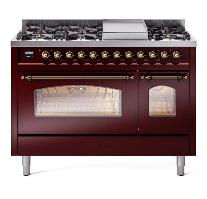 ILVE Nostalgie II 48" Dual Fuel Natural Gas Range, Burgundy, Bronze Trim ILVE UP48FNMPBUB