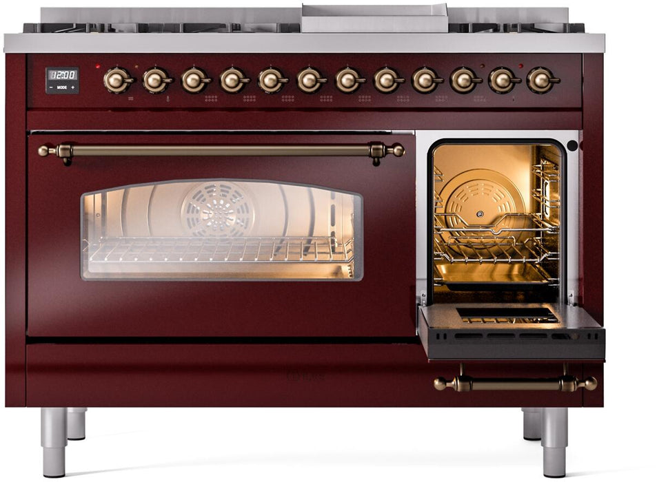 ILVE Nostalgie II 48" Dual Fuel Natural Gas Range, Burgundy, Bronze Trim ILVE UP48FNMPBUB