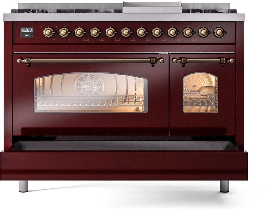 ILVE Nostalgie II 48" Dual Fuel Natural Gas Range, Burgundy, Bronze Trim ILVE UP48FNMPBUB