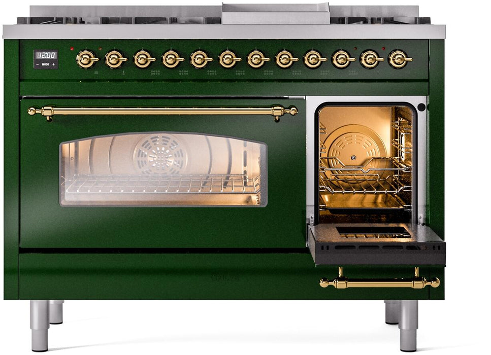 ILVE Nostalgie II 48" Dual Fuel Natural Gas Range, Emerald Green, Brass Trim ILVE UP48FNMPEGG