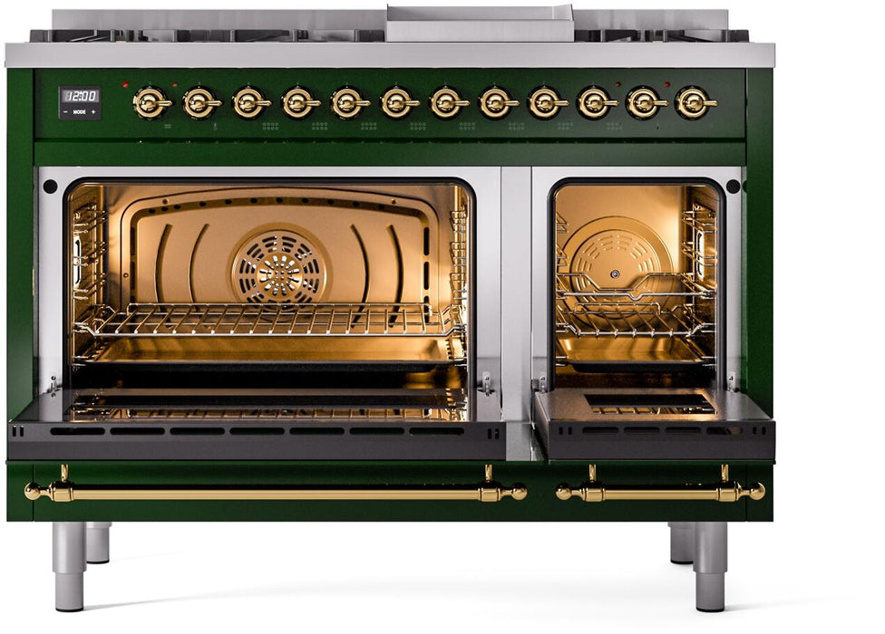 ILVE Nostalgie II 48" Dual Fuel Natural Gas Range, Emerald Green, Brass Trim ILVE UP48FNMPEGG